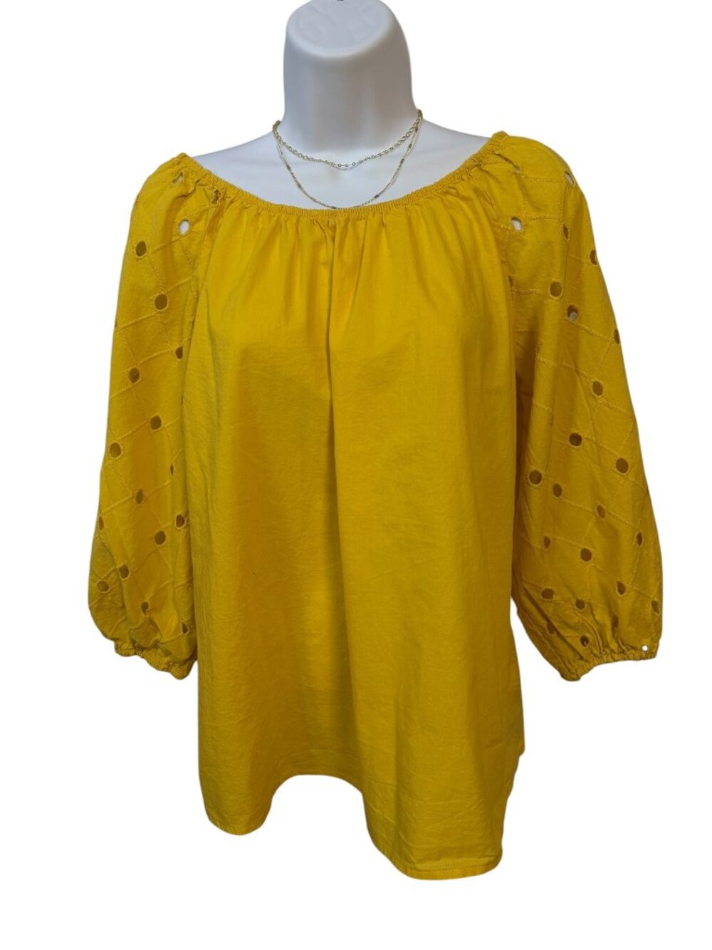 A New Day Yellow Eyelet Blouse XS Boho Peasant Smocked Neck Top